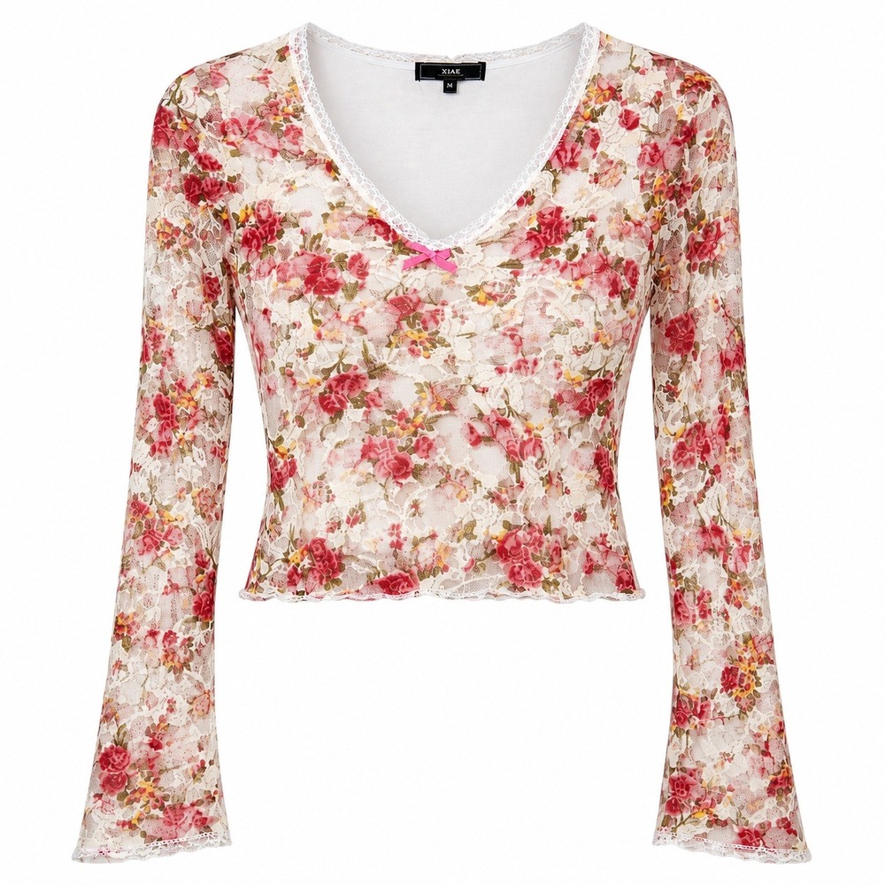 Vibe Angelcore Lace Floral Top Womens M Sheer Babydoll Kawaii Romantic Femme
